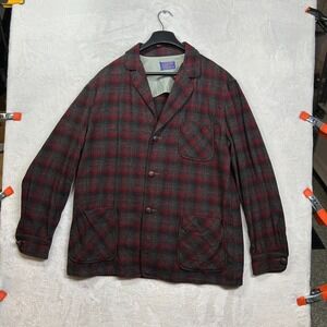 Vintage Pendleton Virgin Wool Blazer Jacket Men's Red Gray Plaid Classic - Large